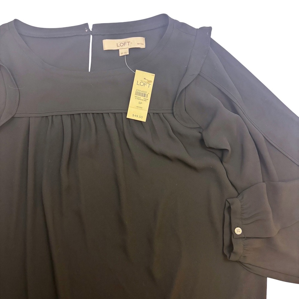 NWT Ann Taylor LOFT Petite Black Ruffle Shoulder Long Sleeve Blouse SP 22014597